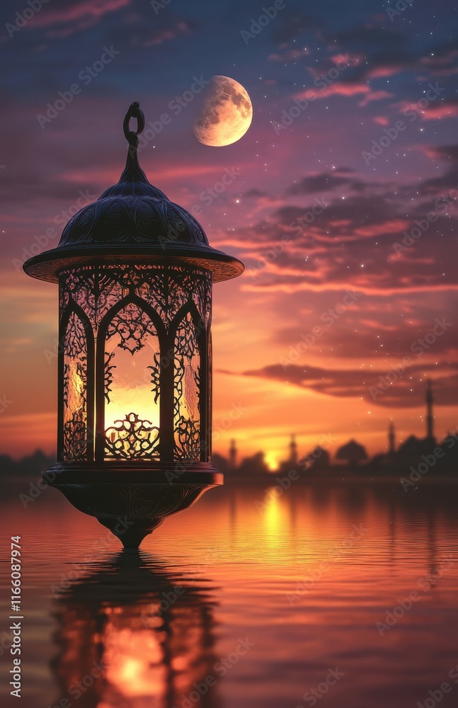 Beautiful lantern glowing over tranquil water during sunset with a vibrant sky featuring clouds, stars, and a crescent moon reflecting calming evening ambiance Beautiful lantern glowing over tranquil water during sunset with a vibrant sky featuring clouds, stars, and a crescent moon reflecting calming evening ambiance