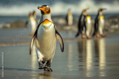 A group of penguins waddling along the beach, enjoying the sunny day