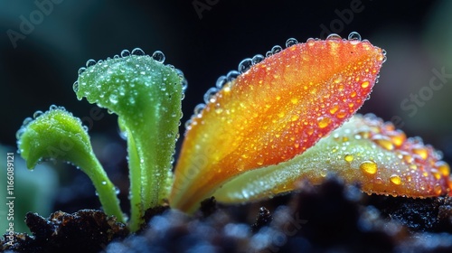 A detailed view of a flower with water droplets glistening on its petals, perfect for using in designs related to nature and beauty photo