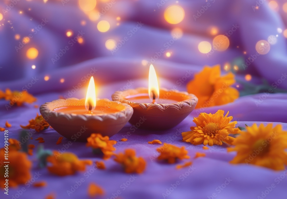 Beautifully Lit Diyas on a Soft Purple Fabric with Colorful Flowers and Bokeh Lights, Perfect for Celebratory and Festive Occasions