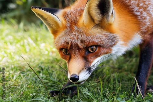 A close-up shot of a fox's face peeking out from the grass, suitable for use in nature, wildlife or outdoor-themed projects photo