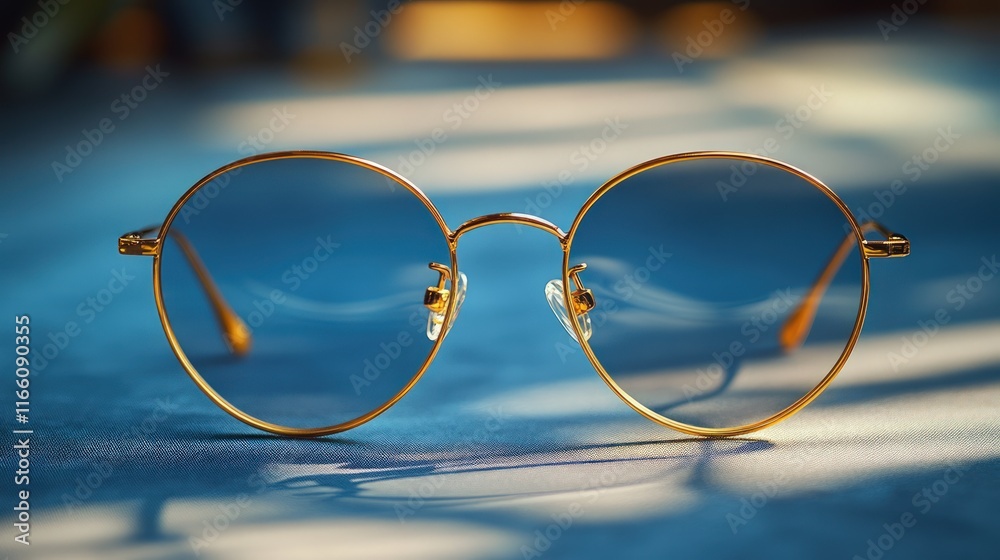 Gold-rimmed round glasses on blue fabric. Gold-rimmed round glasses on blue fabric.