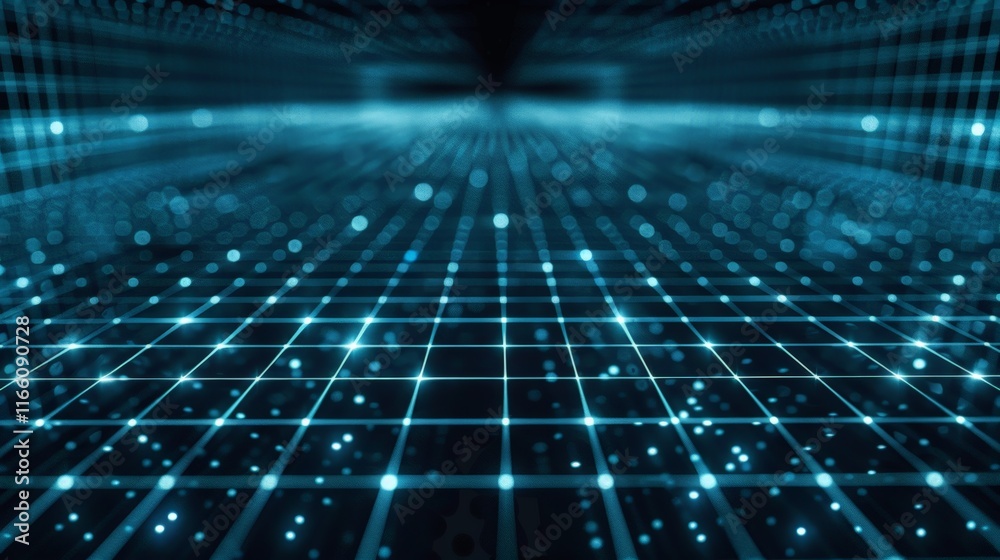 Perspective view of a futuristic blue grid expanding into a digital space, ideal for technology and innovation concepts Perspective view of a futuristic blue grid expanding into a digital space, ideal for technology and innovation concepts