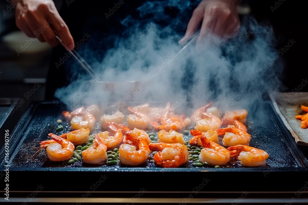 Sizzling shrimp grill delights at a vibrant culinary event in the evening Sizzling shrimp grill delights at a vibrant culinary event in the evening