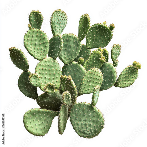 Green Cactus Plant with Flat Pads and Sharp Spines on White Background for Nature and Botanical Themes in Stock Photography photo