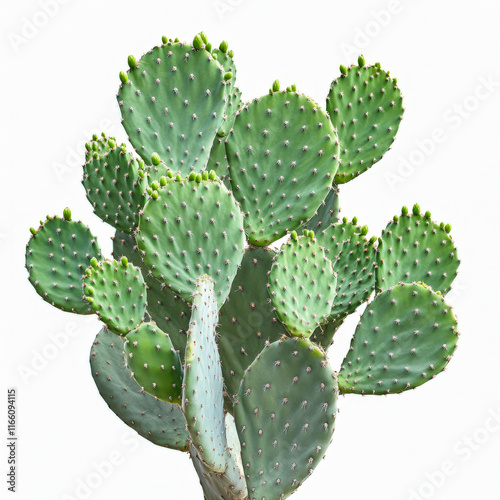 Green Opuntia Cactus with Thorny Pads, Vibrant Succulent Plant for Nature Lovers, Desert Garden, or Botanical Illustrations, Isolated on White Background photo