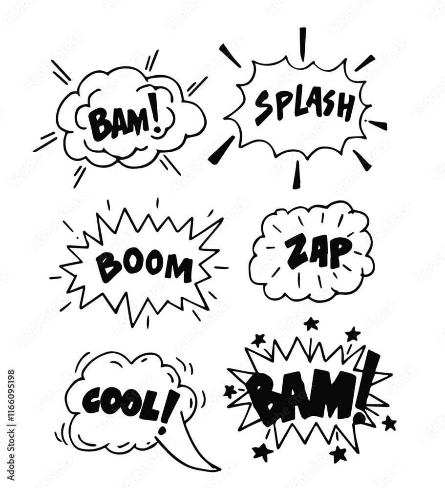 Hand drawn explosion speech bubble, splash smoke element. Comic doodle sketch. Explode speech bubble with pow, boom, omg text. Vector illustration.