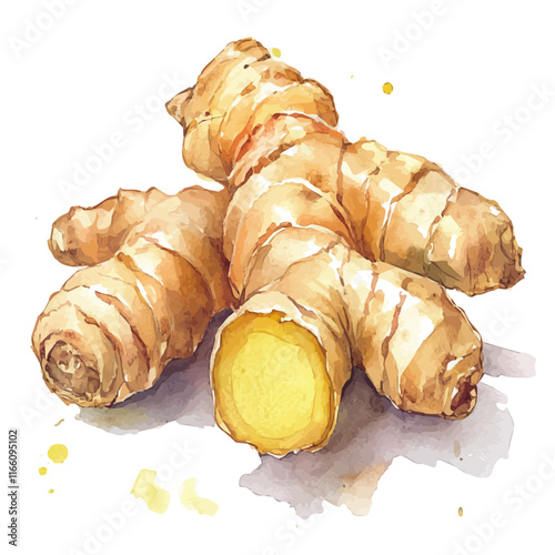 A watercolor vector painting of ginger, isolated on a white background. Ginger vector.

