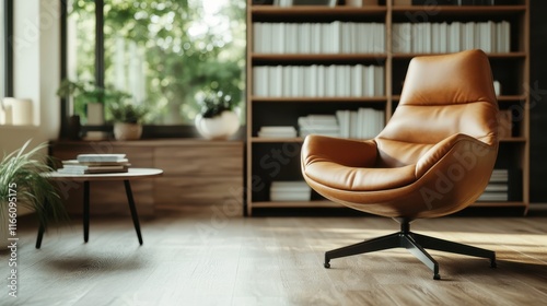 A warm leather chair beautifully displayed in a bright office interior, harmonizing comfort with modern aesthetics to create an inviting and productive workspace ambiance. photo