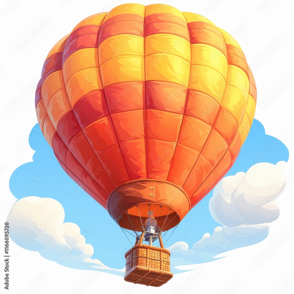 Fototapeta premium A vibrant hot air balloon soaring through a blue sky with fluffy clouds.