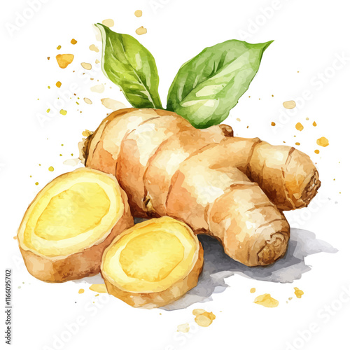 A watercolor vector painting of ginger, isolated on a white background. Ginger vector.

