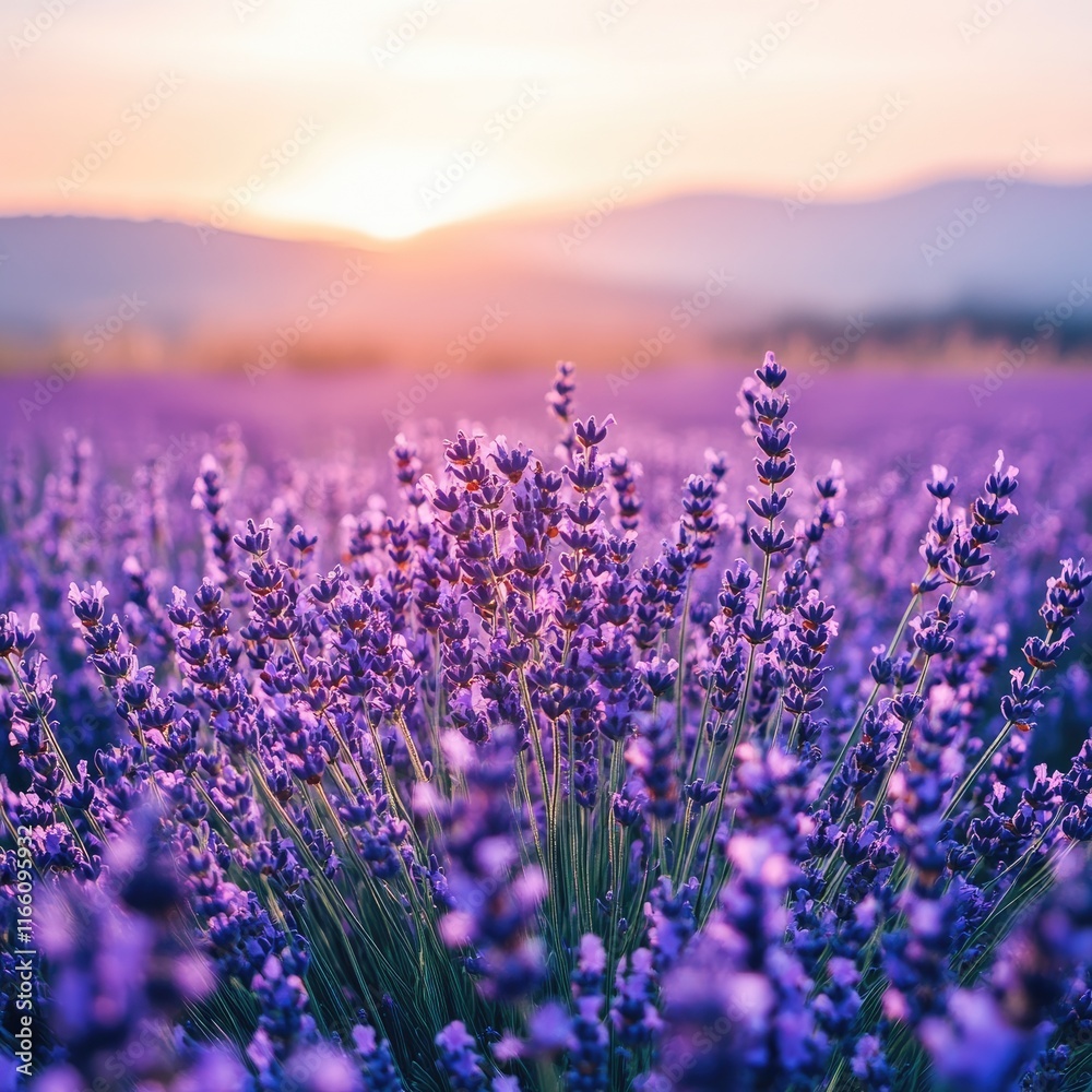 Obraz premium Lavender Field Sunset Beautiful Purple Flowers Blooming