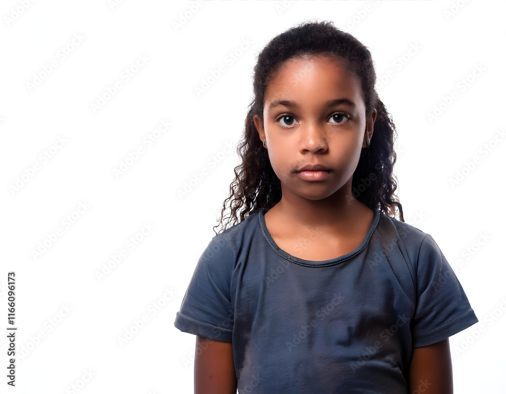 Portrait of a child, young girl with natural curly hair and calm expression on white background Portrait of a child, young girl with natural curly hair and calm expression on white background