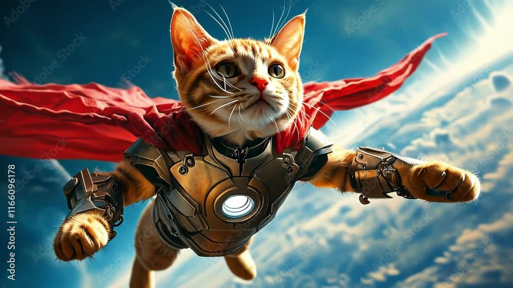 A heroic cat in a superhero outfit soars through a vibrant sky