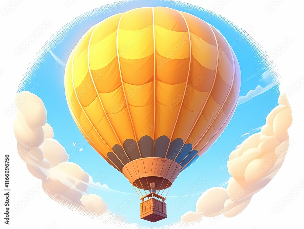 Obraz premium A vibrant hot air balloon soaring through a clear blue sky with fluffy clouds.
