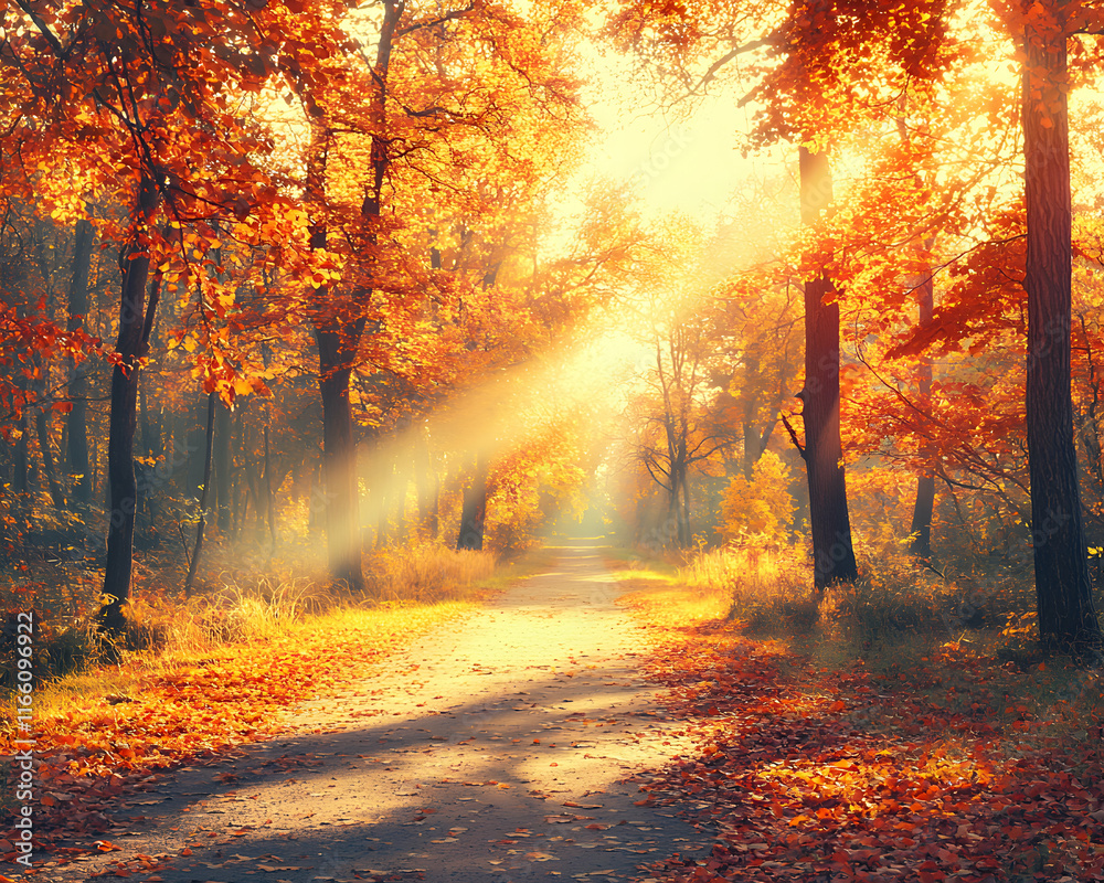 Sunbeams illuminate a picturesque autumnal path, surrounded by vibrant foliage and majestic trees. Perfect for fall-themed designs or seasonal backgrounds. Sunbeams illuminate a picturesque autumnal path, surrounded by vibrant foliage and majestic trees. Perfect for fall-themed designs or seasonal backgrounds.