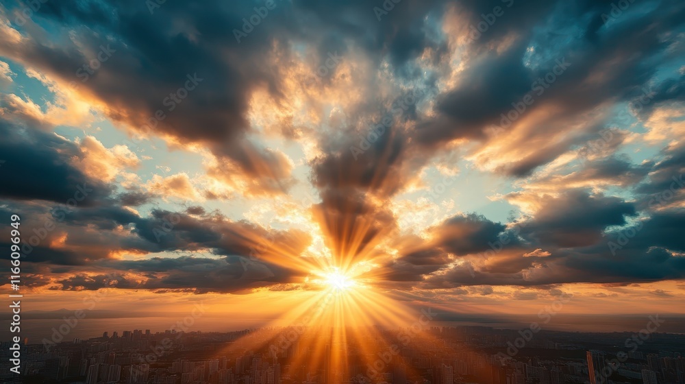 A breathtaking view of the sun rising over a city skyline, casting brilliant rays of light through dramatic clouds, creating a serene yet vibrant atmosphere. A breathtaking view of the sun rising over a city skyline, casting brilliant rays of light through dramatic clouds, creating a serene yet vibrant atmosphere.