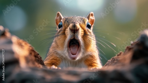 A vibrant image of a cheerful squirrel with its mouth wide open, emanating surprise and excitement from within the woods, illustrating wildlife's joyful expressions perfectly. photo