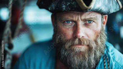 A determined pirate with an intense gaze and an authentic appearance highlights the spirit of adventure and the hardships faced at sea in a captivating portrait. photo