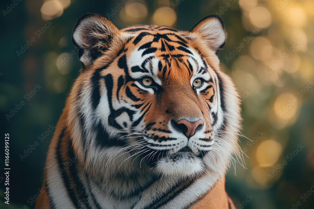 Fototapeta premium Majestic tiger portrait, showcasing its striking orange and black stripes against a blurred green background.
