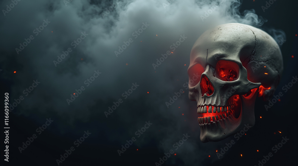 Skull in Smoke and Fire against Dark Minimalistic Background, Death and Halloween Skull in Smoke and Fire against Dark Minimalistic Background, Death and Halloween