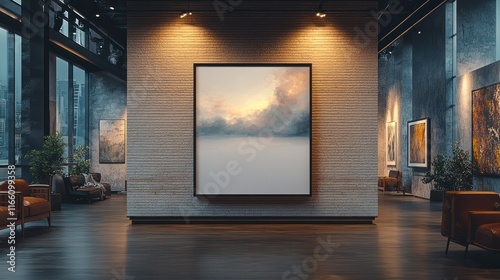 Large abstract landscape painting displayed in modern art gallery.