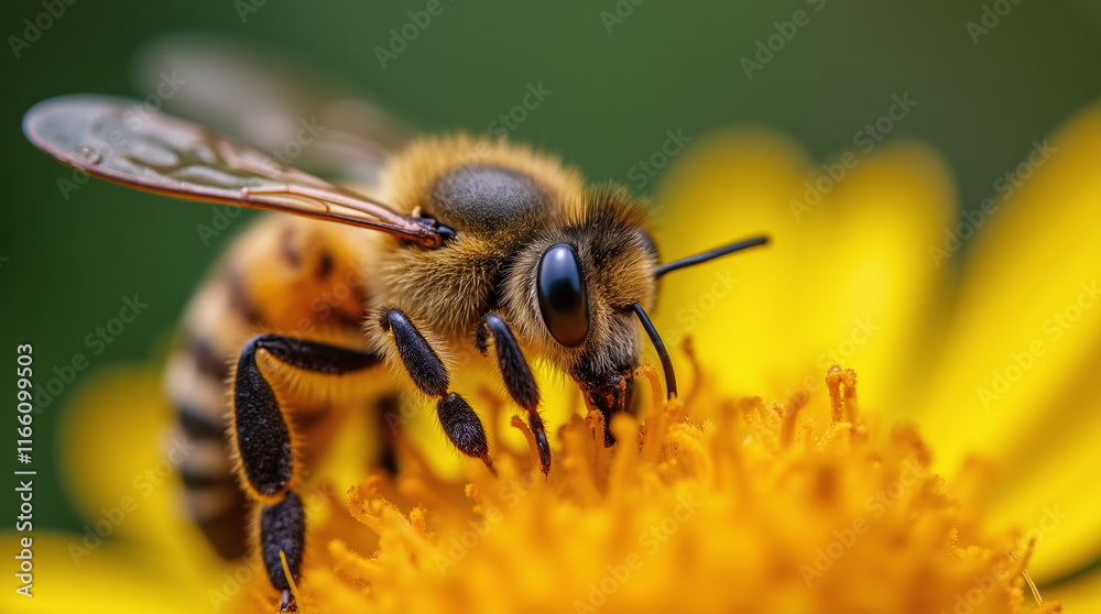 Macro Close-up of Bee Sitting on Yellow Flower with Pollen, Working Honeybee Macro Close-up of Bee Sitting on Yellow Flower with Pollen, Working Honeybee