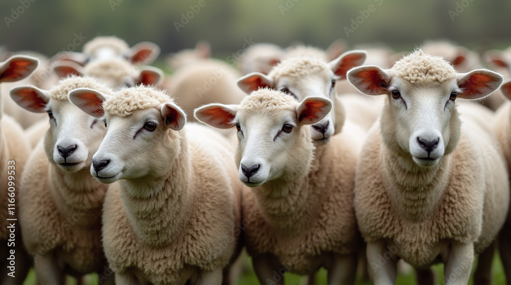 Herd of Sheep Standing Together Next to Each Other, Flock of Farm Animals Herd of Sheep Standing Together Next to Each Other, Flock of Farm Animals