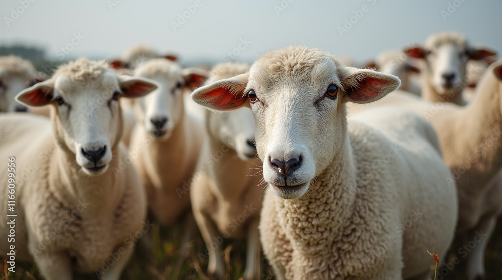 Herd of Sheep Standing Together Next to Each Other, Flock of Farm Animals Herd of Sheep Standing Together Next to Each Other, Flock of Farm Animals