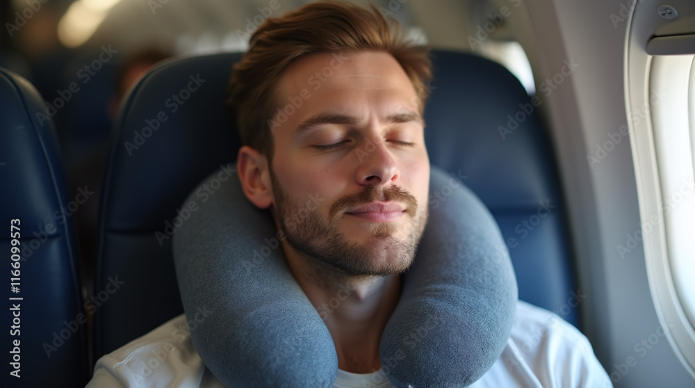 Man Sleeping on Airplane Traveling with Travel Pillow, Comfortable Traveling Accessory on Plane Man Sleeping on Airplane Traveling with Travel Pillow, Comfortable Traveling Accessory on Plane