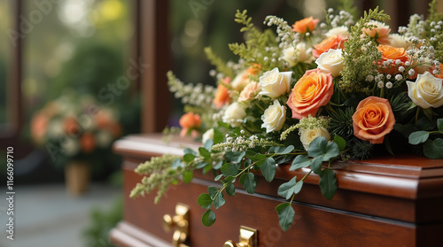 Close-up of Fresh Flower Bouquet on Coffin, Funeral Ceremony