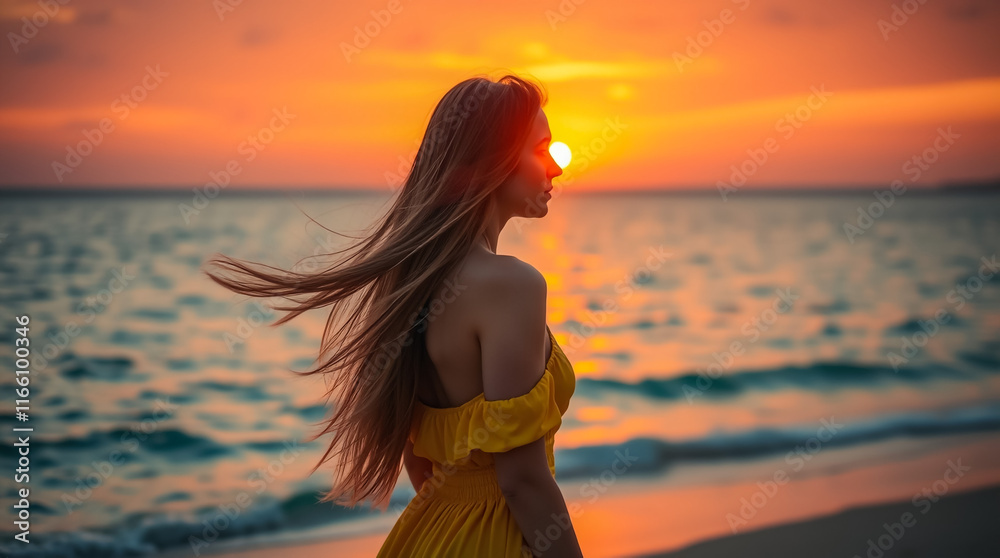 Beach Sunset at Mediterranean Sea: Woman in Yellow Dress Enjoying Beautiful Ocean View with Warm Golden Hour Light Beach Sunset at Mediterranean Sea: Woman in Yellow Dress Enjoying Beautiful Ocean View with Warm Golden Hour Light
