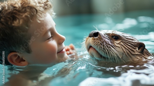 A joyful boy smiles while swimming alongside a friendly otter, capturing a moment of connection between a child and wildlife in a serene blue setting. photo