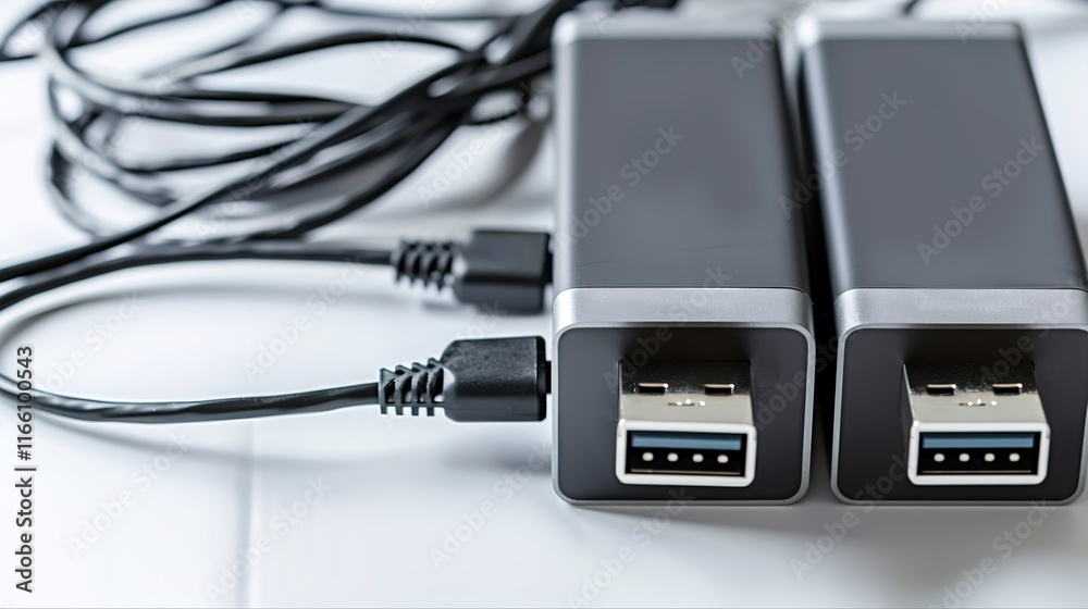 Sleek universal charger with multiple ports on a minimalist white surface, showcasing versatility and modern design for efficient device charging solutions. Sleek universal charger with multiple ports on a minimalist white surface, showcasing versatility and modern design for efficient device charging solutions.
