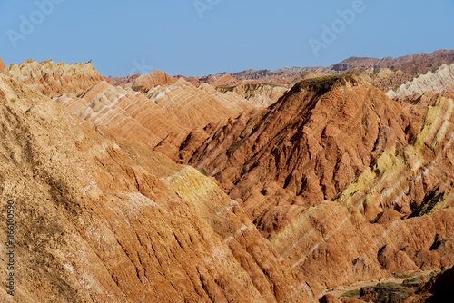 Under the clear sky, the colorful Danxia landforms