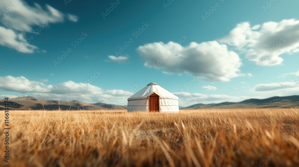This stunning yurt stands alone against a backdrop of golden grass and distant mountains, showcasing the beauty of simplicity and traditional nomadic living. This stunning yurt stands alone against a backdrop of golden grass and distant mountains, showcasing the beauty of simplicity and traditional nomadic living.