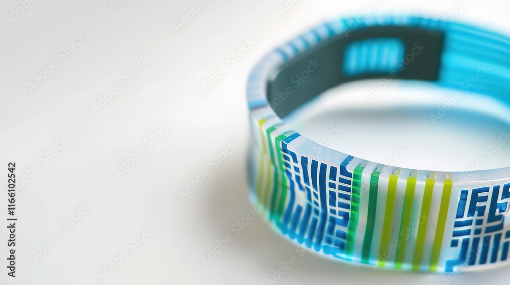 Close-up of a secure medical wristband with barcode, representing patient safety and healthcare security, on a clean white background with copy space.