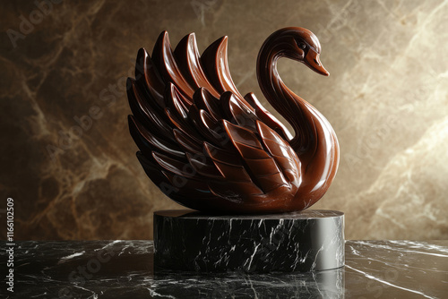 Elegant brown swan sculpture on a marble base  detailed feathers  graceful pose. photo