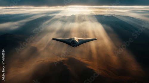 A sleek, futuristic stealth drone glides over a breathtaking mountain landscape, embodying advanced technology and nature’s grandeur in a harmonious flight.