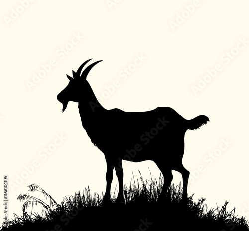 Silhouette of goat in the grass by the lake. Vector drawing