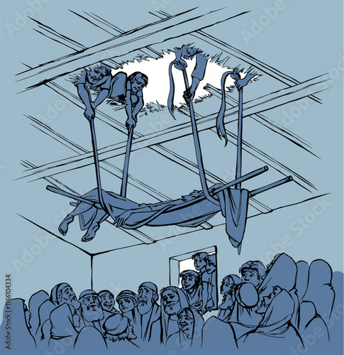 Vector drawing. The men dug up the roof to let the sick man in on a stretcher.