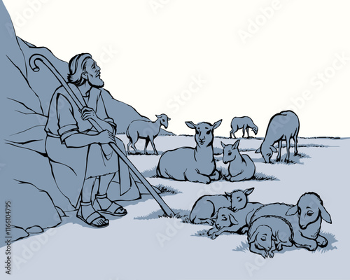 Vector drawing. Shepherd with sheep