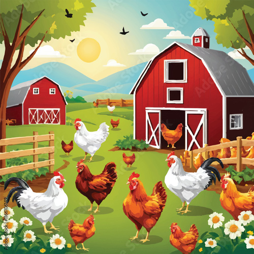Cartoon Chicken and Hen Farm Collection - Cute Vector Design of Poultry, Chickens, Eggs, and Roosters, Featuring Cheerful Farm Animals, Nesting, and Breeding Scenes for Easter and Agriculture Themes
