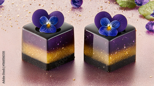 Delicious purple and gold dessert squares topped with edible flowers, elegantly presented on a reflective surface. photo