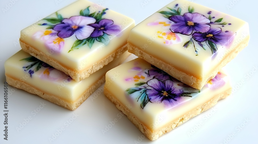 Delicate floral soap bars stacked attractively, featuring vibrant purple flowers against a creamy background, ideal for beauty and wellness themes.