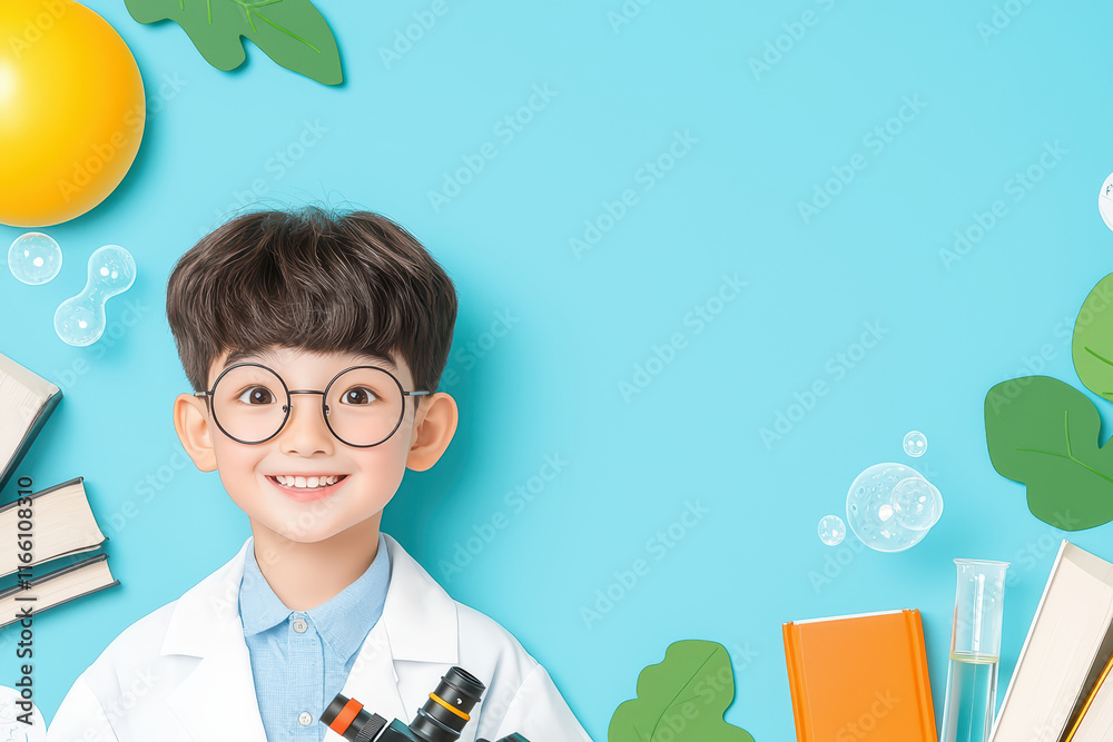 Cheerful boy in lab coat with microscope and books Cheerful boy in lab coat with microscope and books