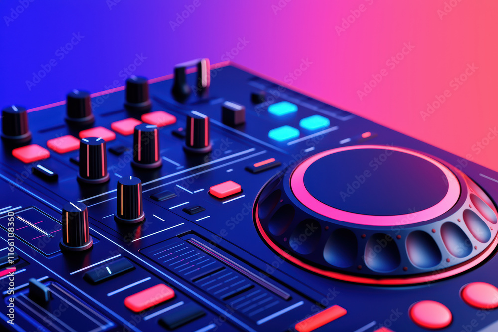 Close up of DJ mixer with vibrant colors and controls Close up of DJ mixer with vibrant colors and controls