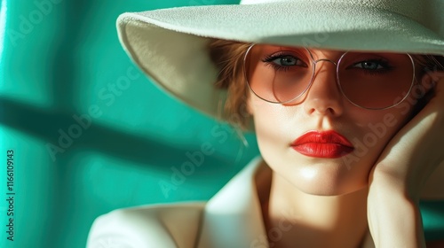 An elegant portrait of a woman showcasing a chic white outfit and fashionable hat, radiating sophistication and allure in a beautifully lit environment. photo