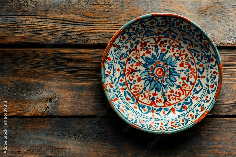 Traditional plate with intricate patterns placed on a wooden table, showcasing cultural heritage Traditional plate with intricate patterns placed on a wooden table, showcasing cultural heritage
