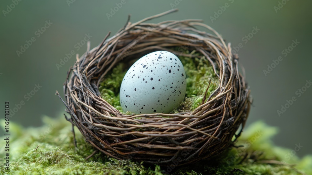 Speckled egg nestled in mossy bird's nest. Speckled egg nestled in mossy bird's nest.